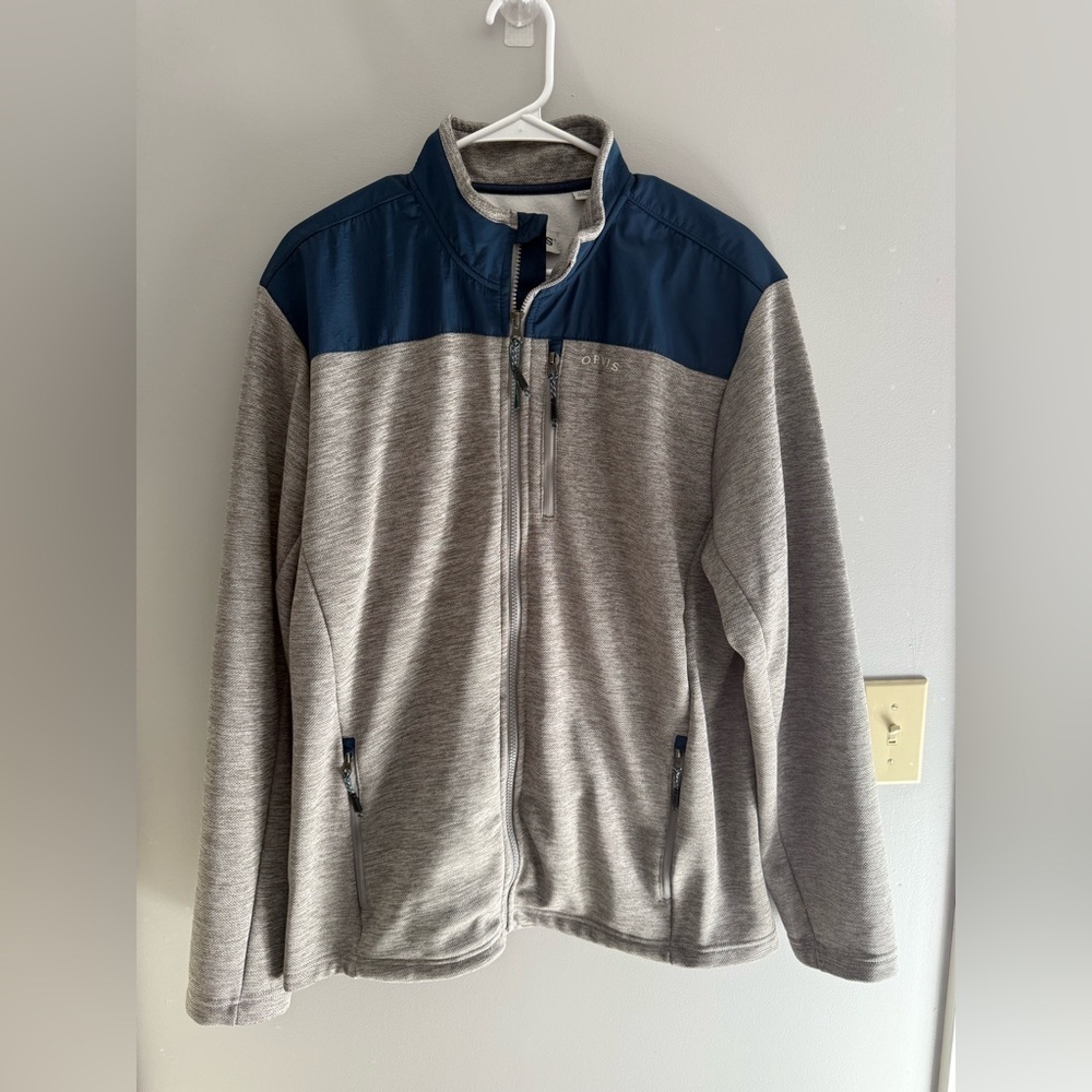 Orvis Mens Bonded Blue Gray Mesh Fleece Full Zip Jacket LG Outdoor Pockets Warm